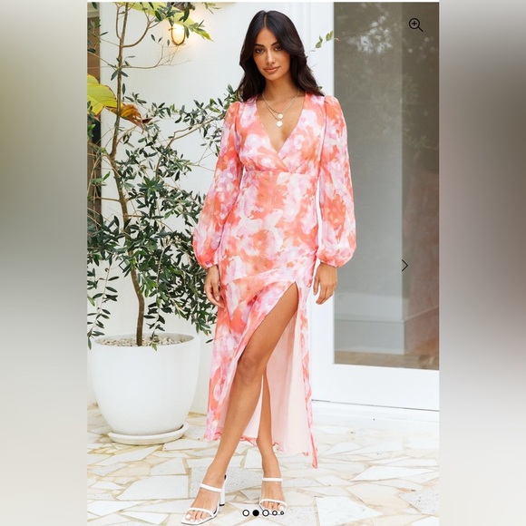 NWT Hello Molly  Orange Pink Side Slit Midi Floral Dress Women’s Size Small - Picture 2 of 15